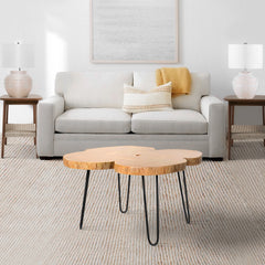 29 Inch Acacia Wood Coffee Table, Live Edge, Quatrefoil Top, Iron Hairpin Legs - Brown and Black