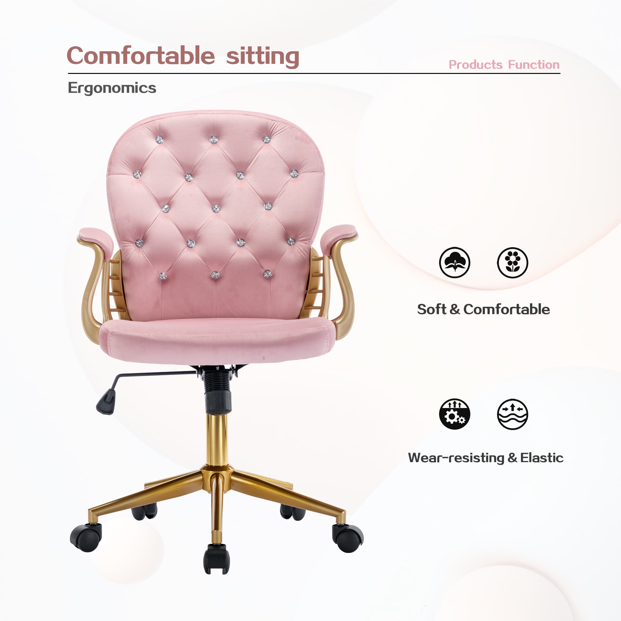 Velvet Home Office Chair with Wheels - Pink