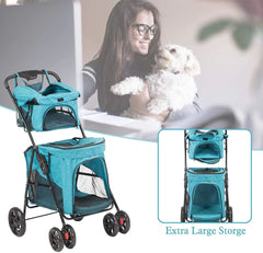 Portable Folding Dog Stroller Travel Cage Stroller for Pet Cat Kitten Puppy Carriages - Large 4 Wheels Elite Jogger - Blue