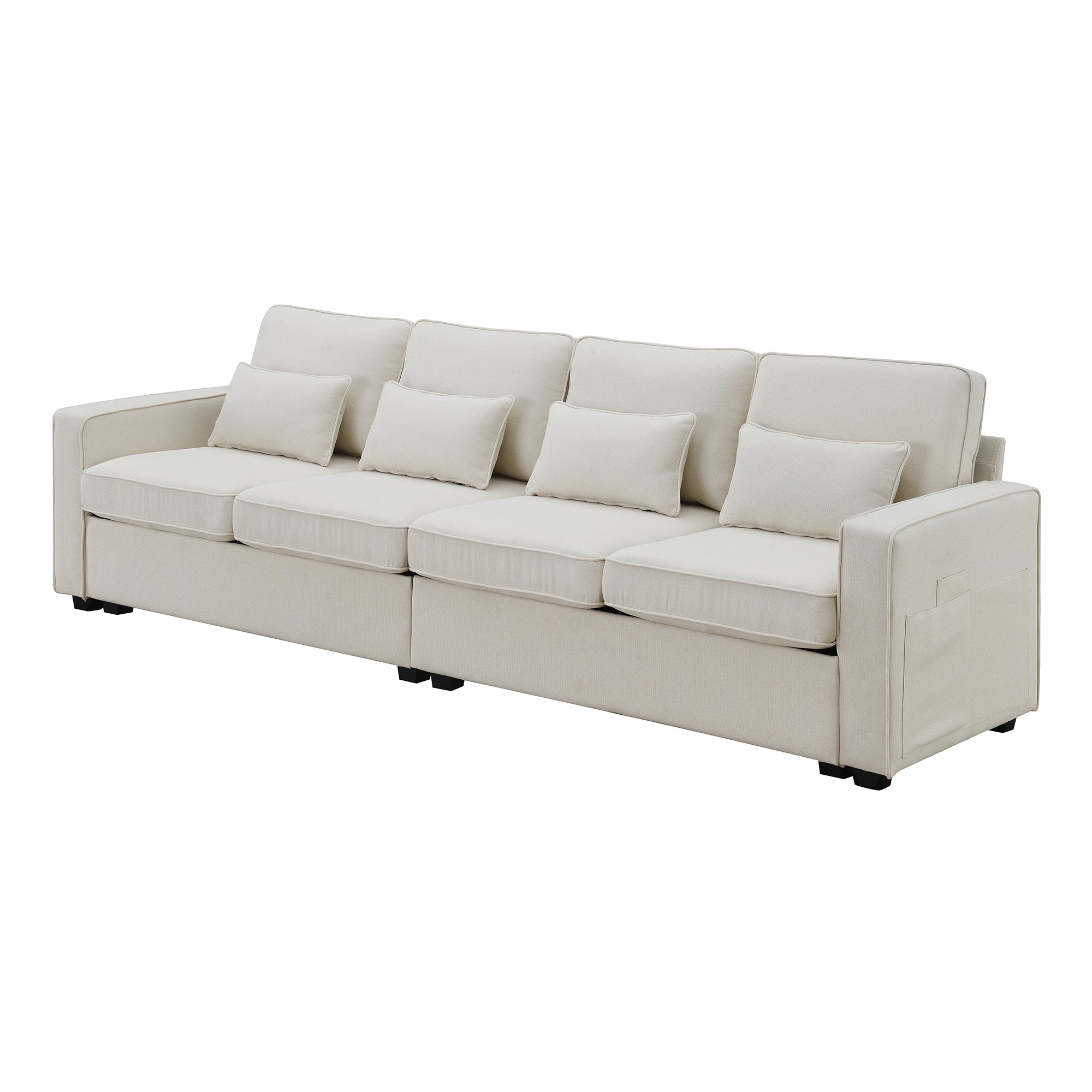 104" 4-Seater Modern Linen Fabric Sofa with Armrest Pockets and 4 Pillows,Minimalist Style Couch - Beige