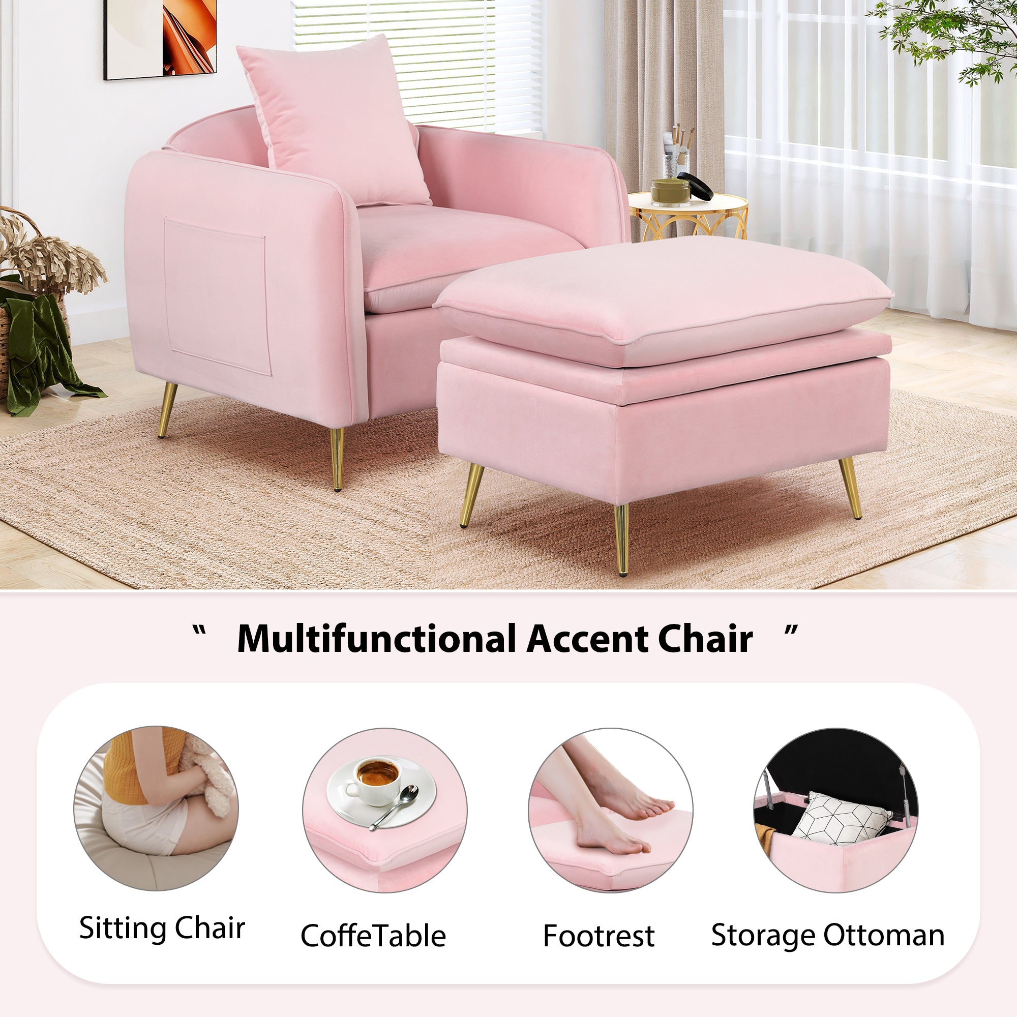 Modern Armchair with Ottoman Fabric Single Sofa Foot Rest & Pillow Pink