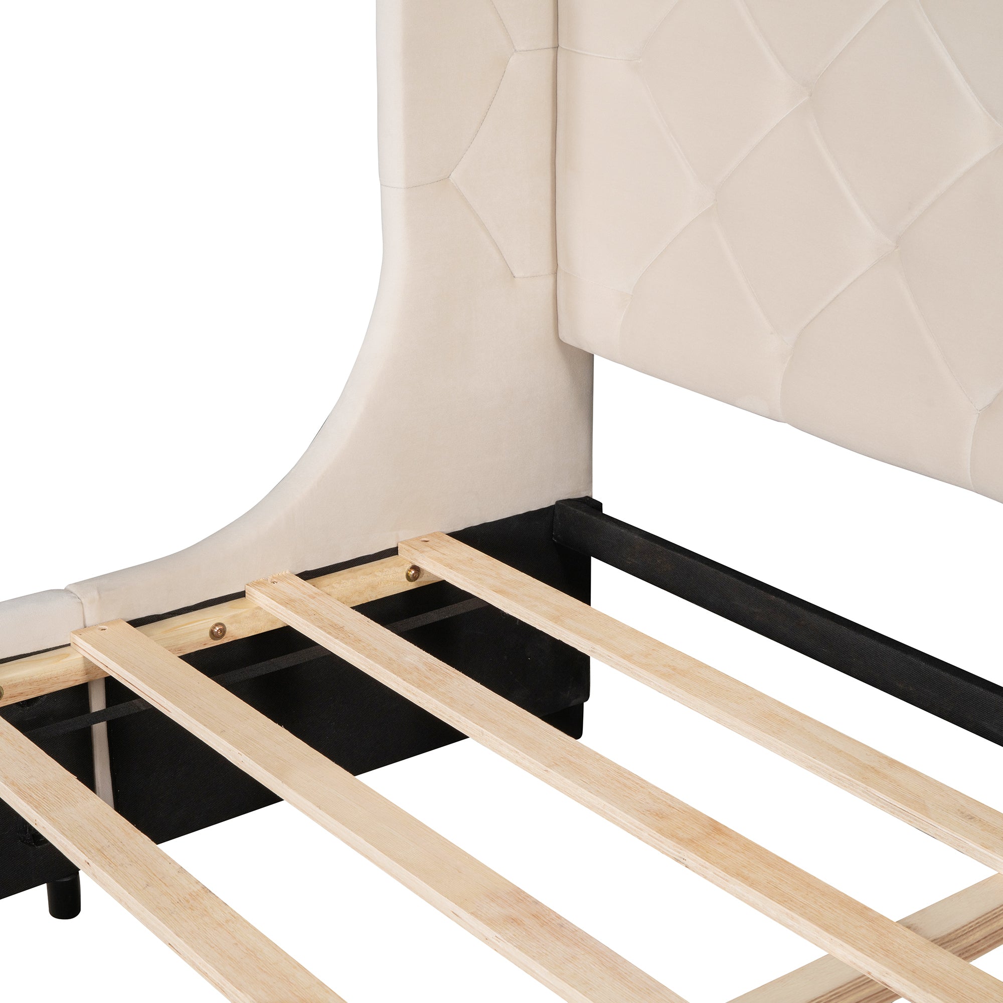 Queen Size Storage Bed Velvet Upholstered Platform Bed - Beige