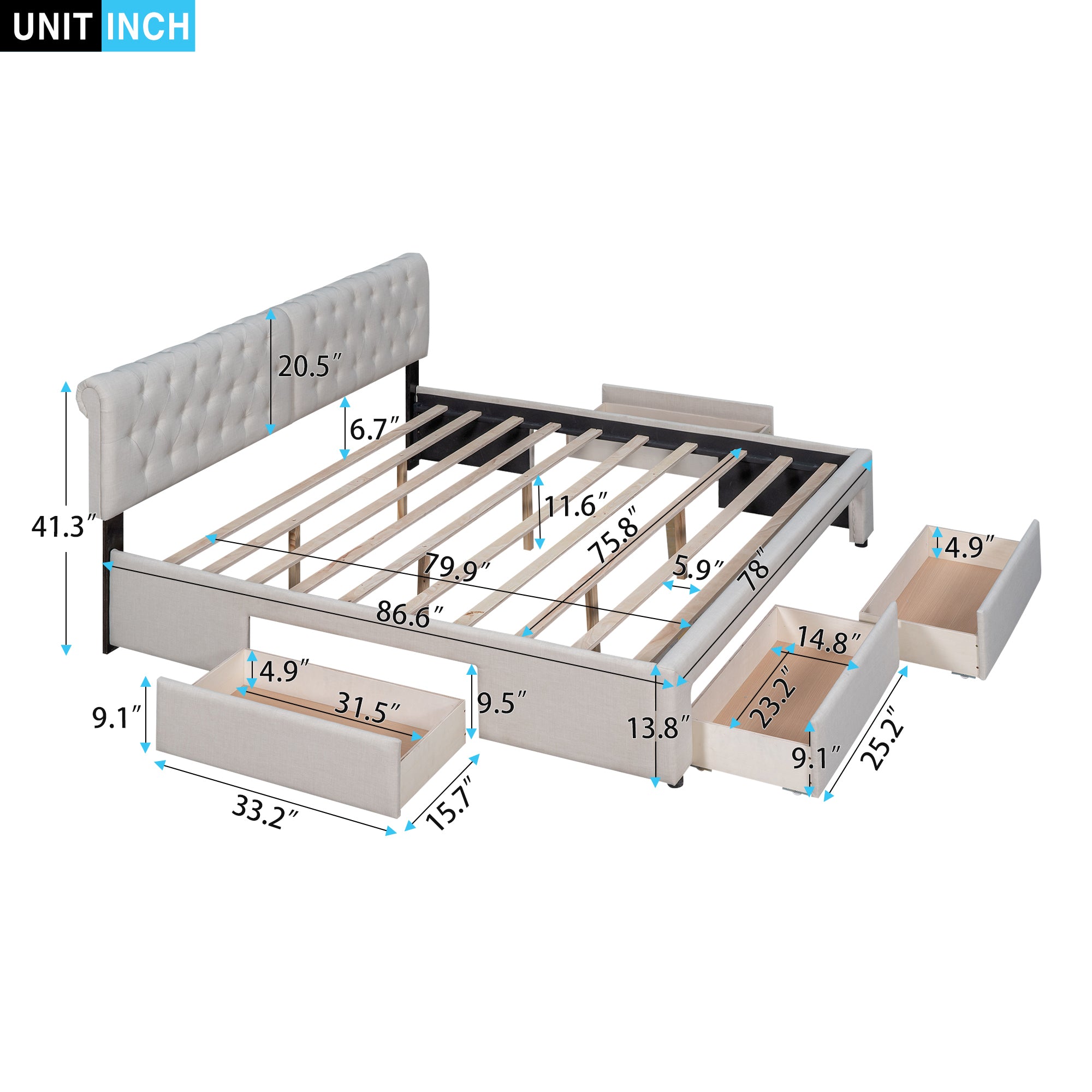 King Size Upholstery Platform Bed with Four Drawers - Beige