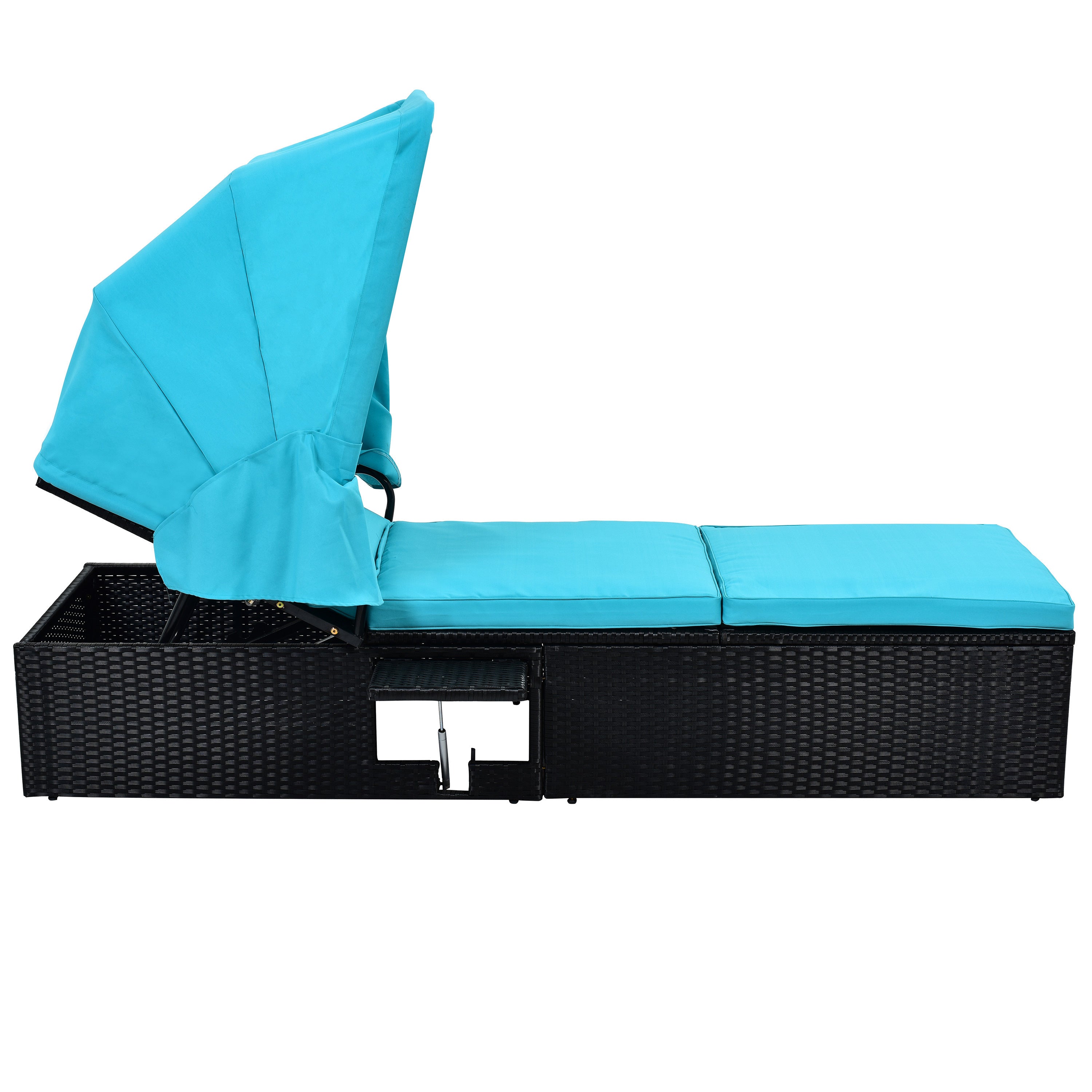 76.8" Long Reclining Single Chaise Lounge with Cushions, Canopy and Cup Table (Set of 2) - Black Wicker + Blue Cushion