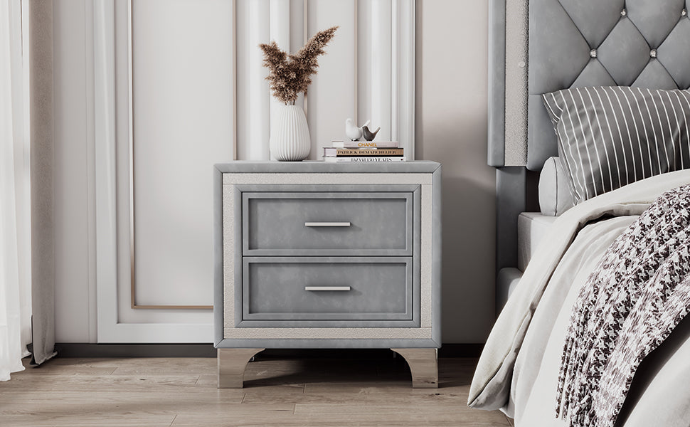 2-Drawer Nightstand with Metal Legs for Bedroom Velvet Bedside Table-Gray