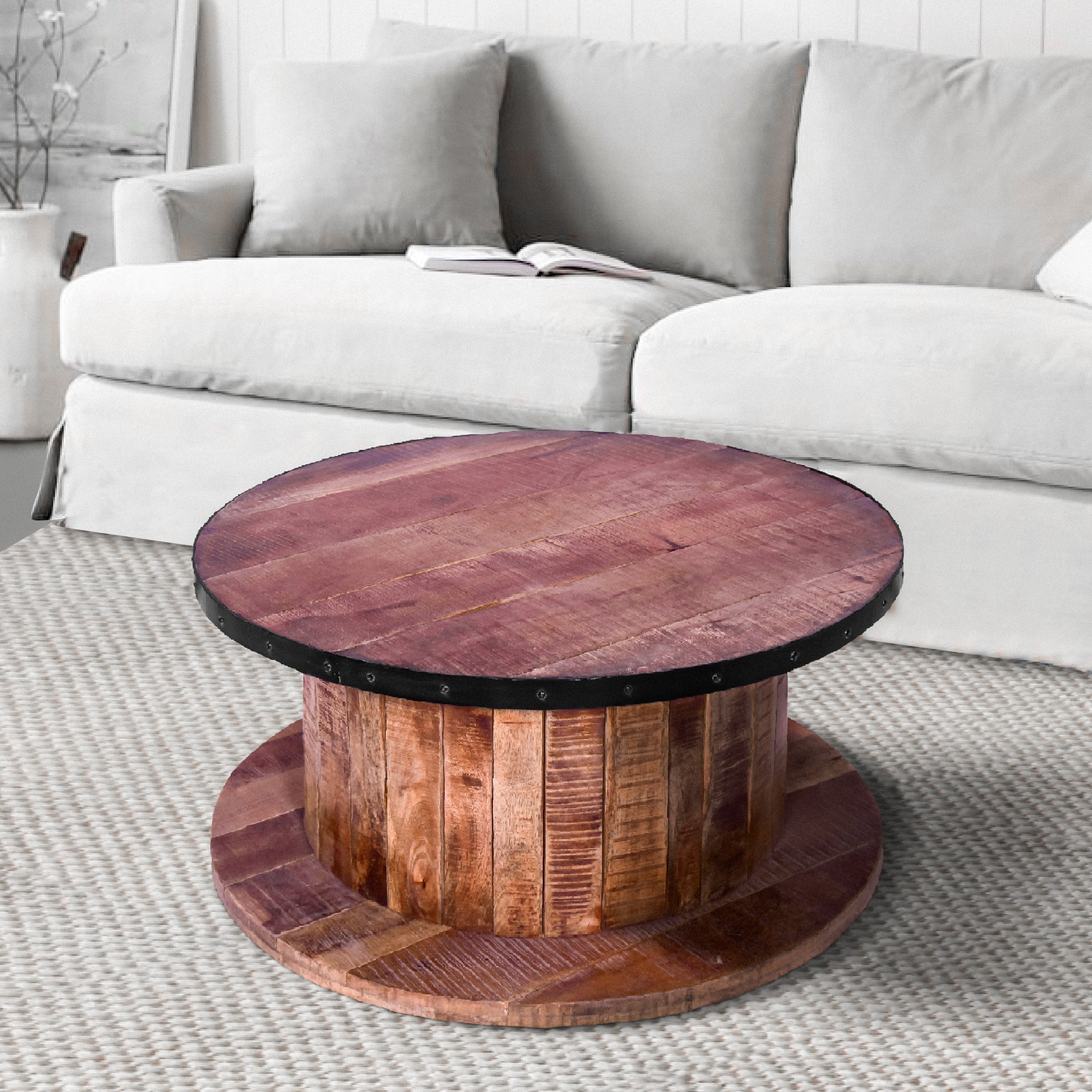 Mango Wood Farmhouse Coffee Table with Rustic Plank Style Round Top and Base - Walnut and Natural Brown