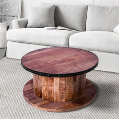 Mango Wood Farmhouse Coffee Table with Rustic Plank Style Round Top and Base - Walnut and Natural Brown