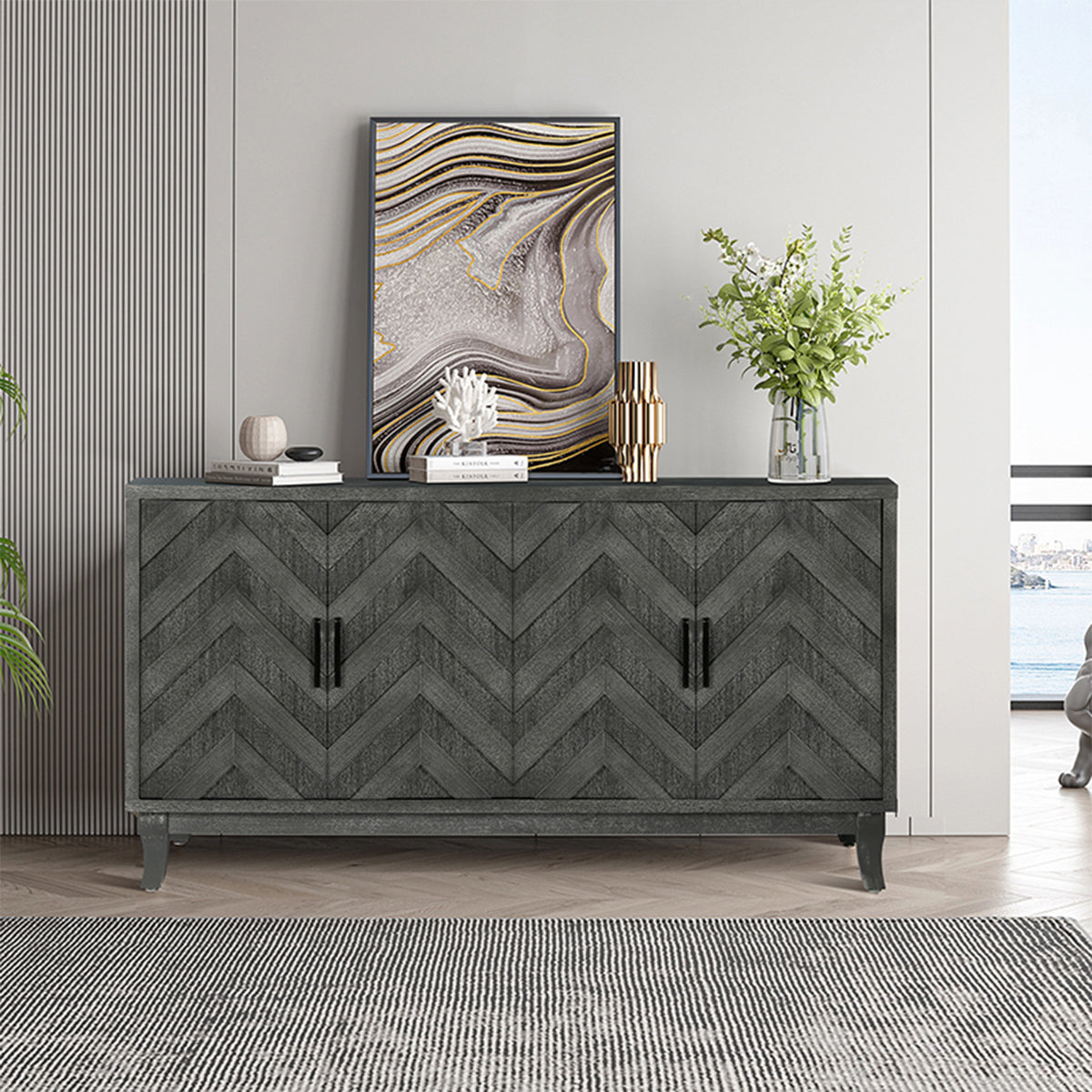 Stronger Vintage Style Buffet Cabinet, Lacquered Accent Storage 4 Door Wooden Cabinets,Thickened Sideboard Storage Cabinet - Taupe Grey