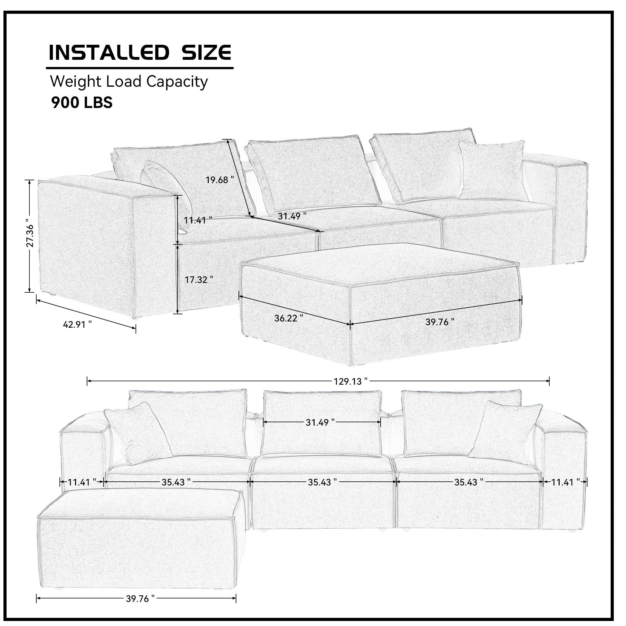 Modular Sectional Living Room Sofa Set, Modern Minimalist Style Couch with Ottoman and Reversible Chaise, L-Shape - White