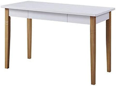 Home Office Desk Computer with Solid Wood Legs & 1 Drawer - White + Wood
