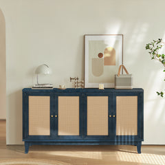 Softly Lacquer Finishes Accent Storage Cabinet Sideboard Wooden Cabinet with Antique Deep Blue 4Doors