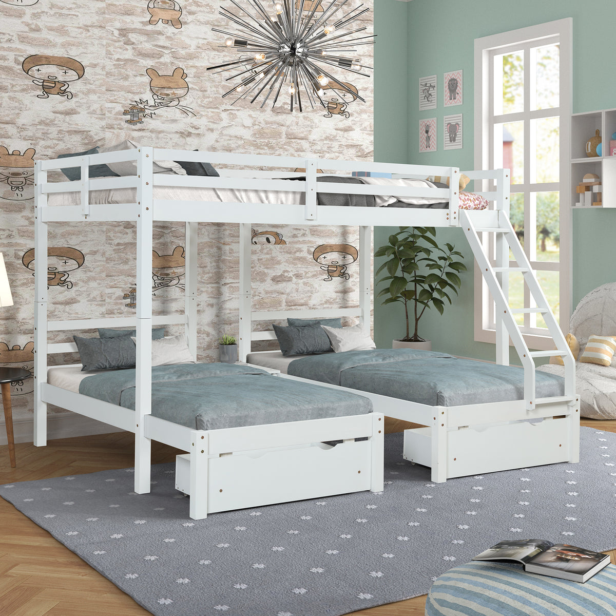 Full over Twin & Twin Bunk Bed with 3 Storage Drawers (96.8”x79”x68.3”) - White