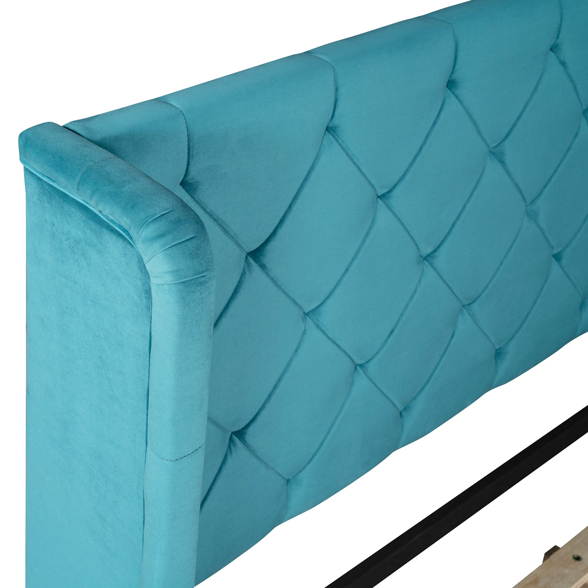 Queen Size Storage Bed Velvet Upholstered Platform Bed with Wingback Headboard and a Big Drawer - Blue