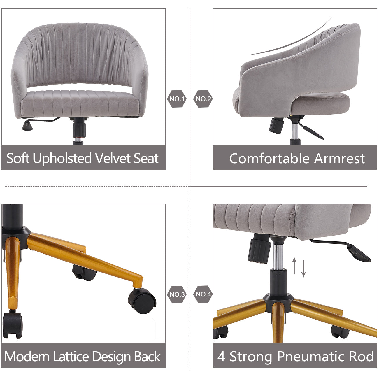 Modern Swivel High Quality Velvet Office Desk Chair - Grey