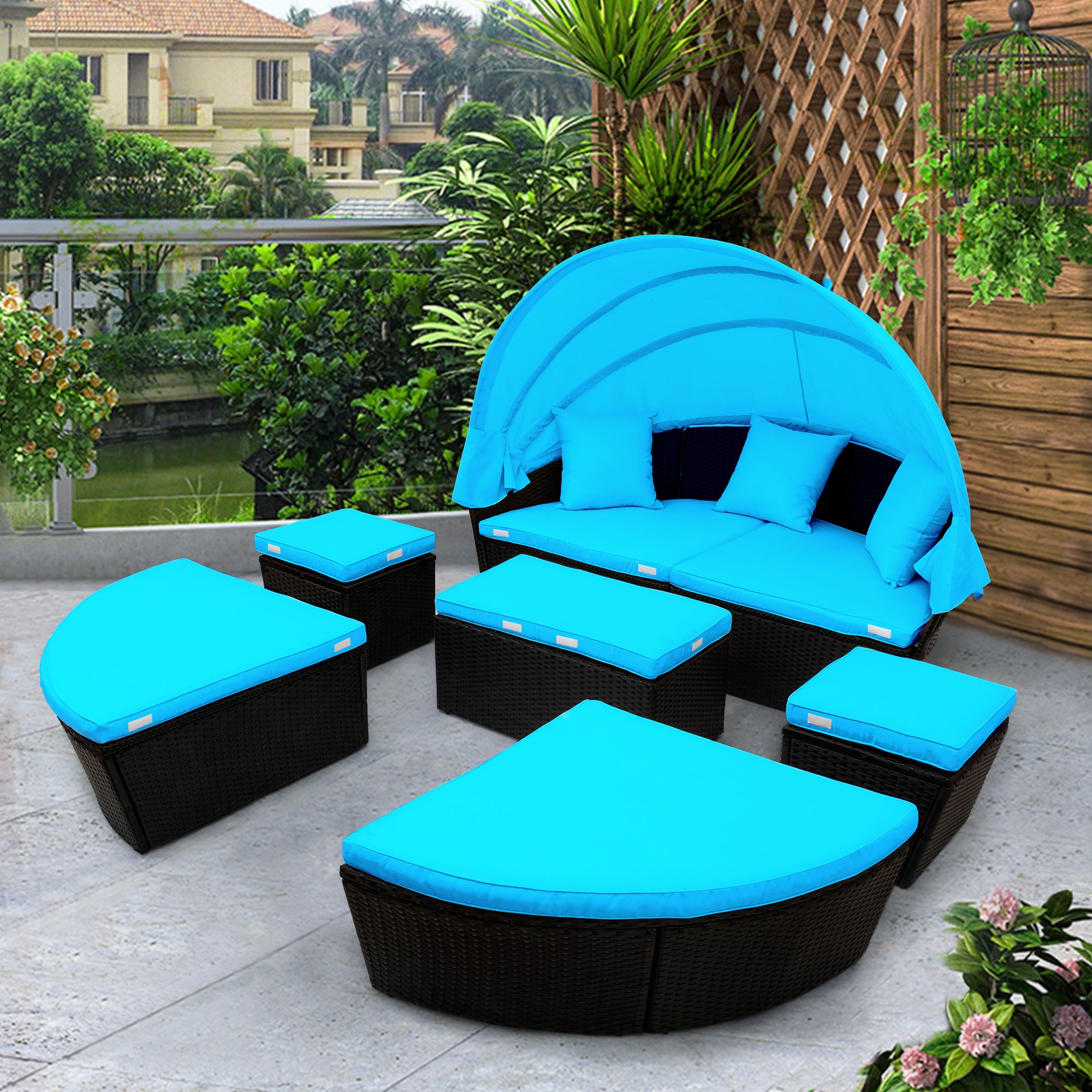 Outdoor rattan daybed sunbed with Retractable Canopy Wicker Furniture, Round Outdoor Sectional Sofa Set, Black Wicker Furniture Clamshell  Seating with Washable Cushions - Blue