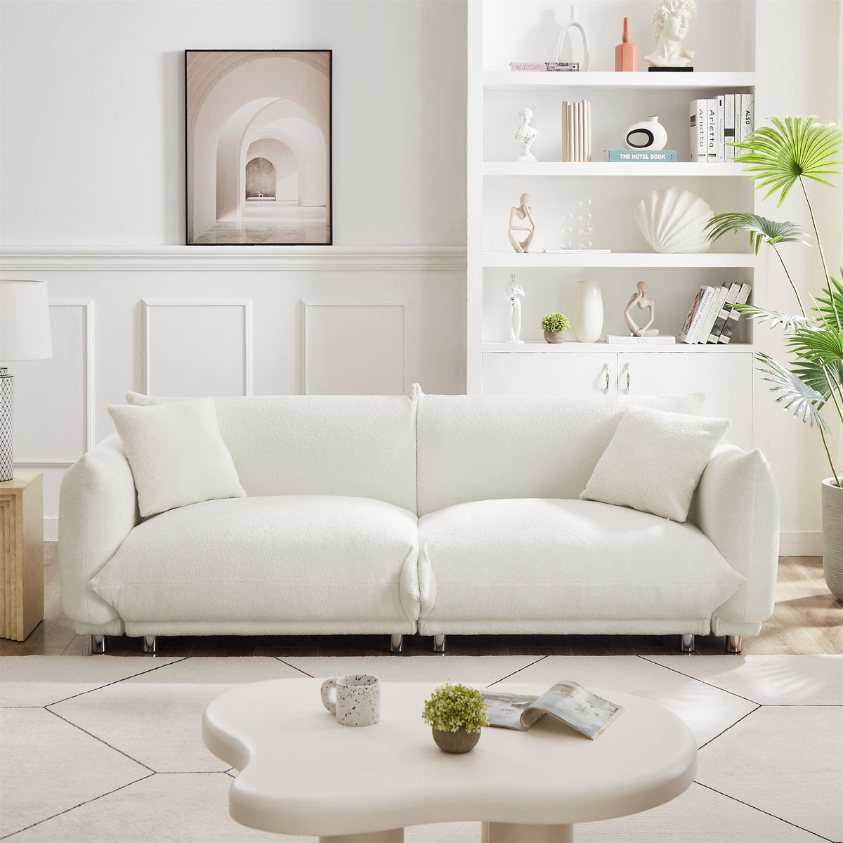 A Lovable Sofa with 2 Pillows and Metal Feet - Beige