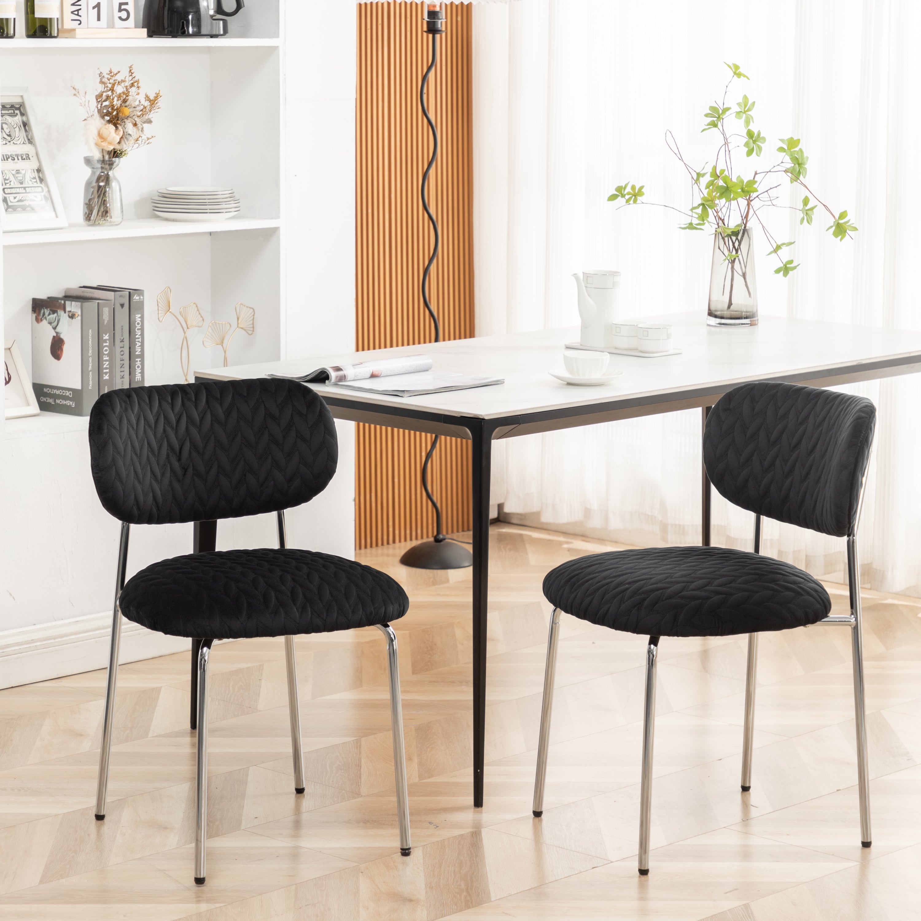 Velvet Dining Chair Leaf Grain Ergonomic Backrest Silver Metal Legs (Set of 2) - Black
