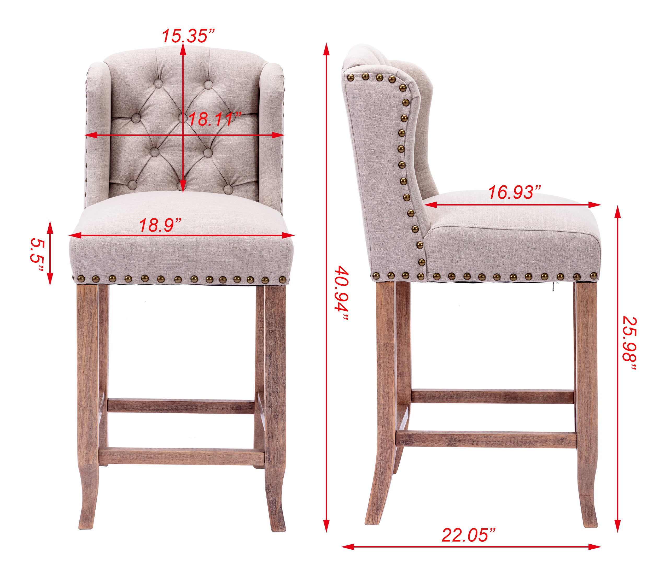MAICOSY 26-inch Counter Height Bar Stools Set of 2, Tufted Upholstered Barstool
