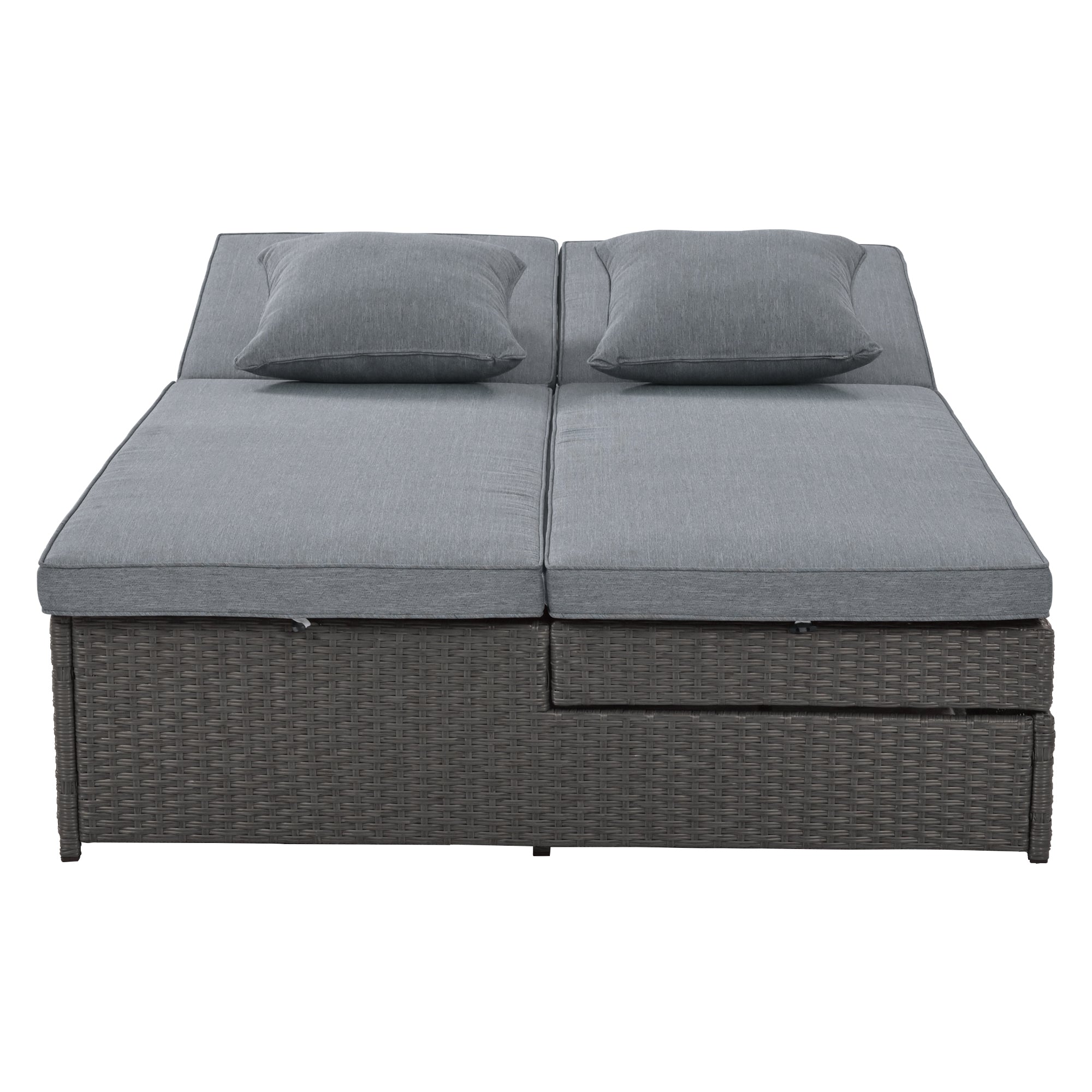 Outdoor Double Sun bed, Wicker Rattan Patio Reclining Chairs with Adjustable Backrest and Seat, Conversational Set for 2 Person - Gray