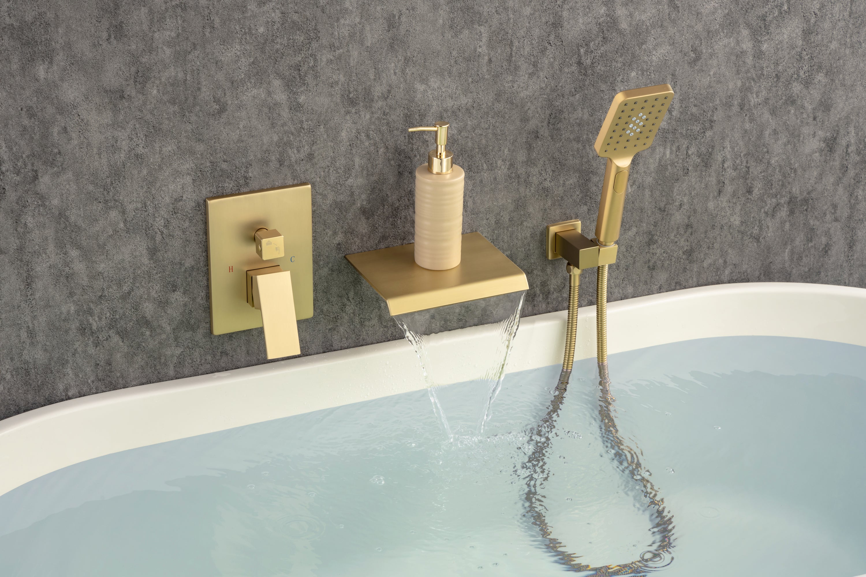 Waterfall Tub Faucet Wall Mount Roman Tub Filler Chrome Single Handle Brass Bathroom Bathtub Faucet with Hand Shower - Gold