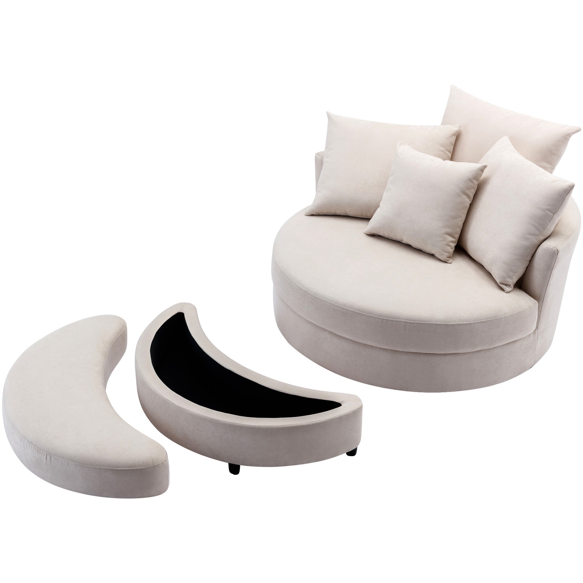 Modern 360° Swivel Accent Barrel Chair with Storage Ottoman & 4 Pillows - Linen Creamy White