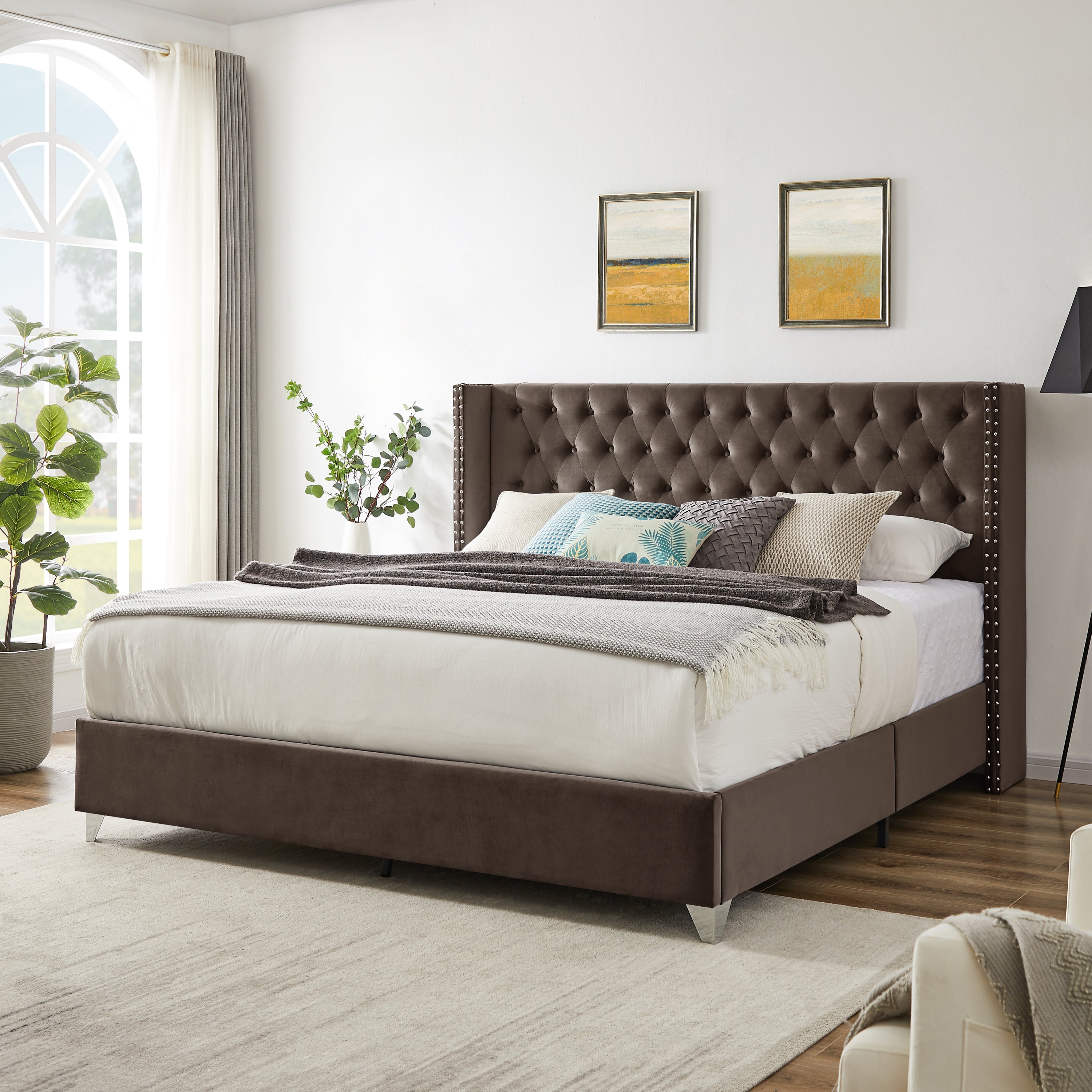 King Bed Button Designed Headboard - Brown