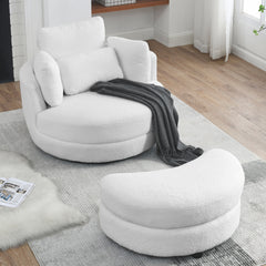 39"W Oversized Swivel Chair with Moon Storage Ottoman, 4 Pillows - Teddy Fabric White
