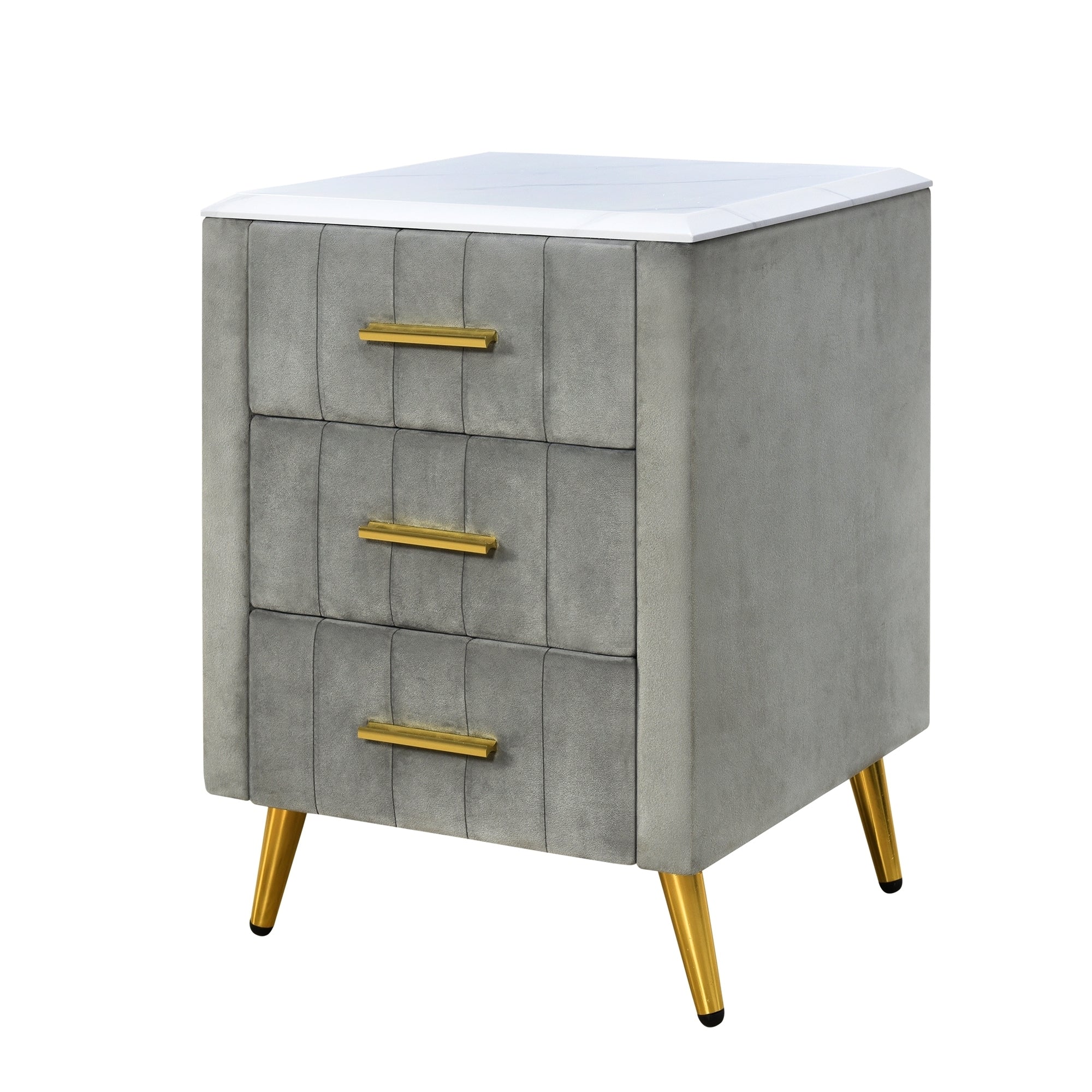 Upholstered Wooden Nightstand with 3 Drawers, Table with Marbling Worktop - Gray