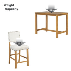 5 Piece Rustic Wooden Counter Height Dining Table Set with 4 Upholstered Chairs - Natural+Beige