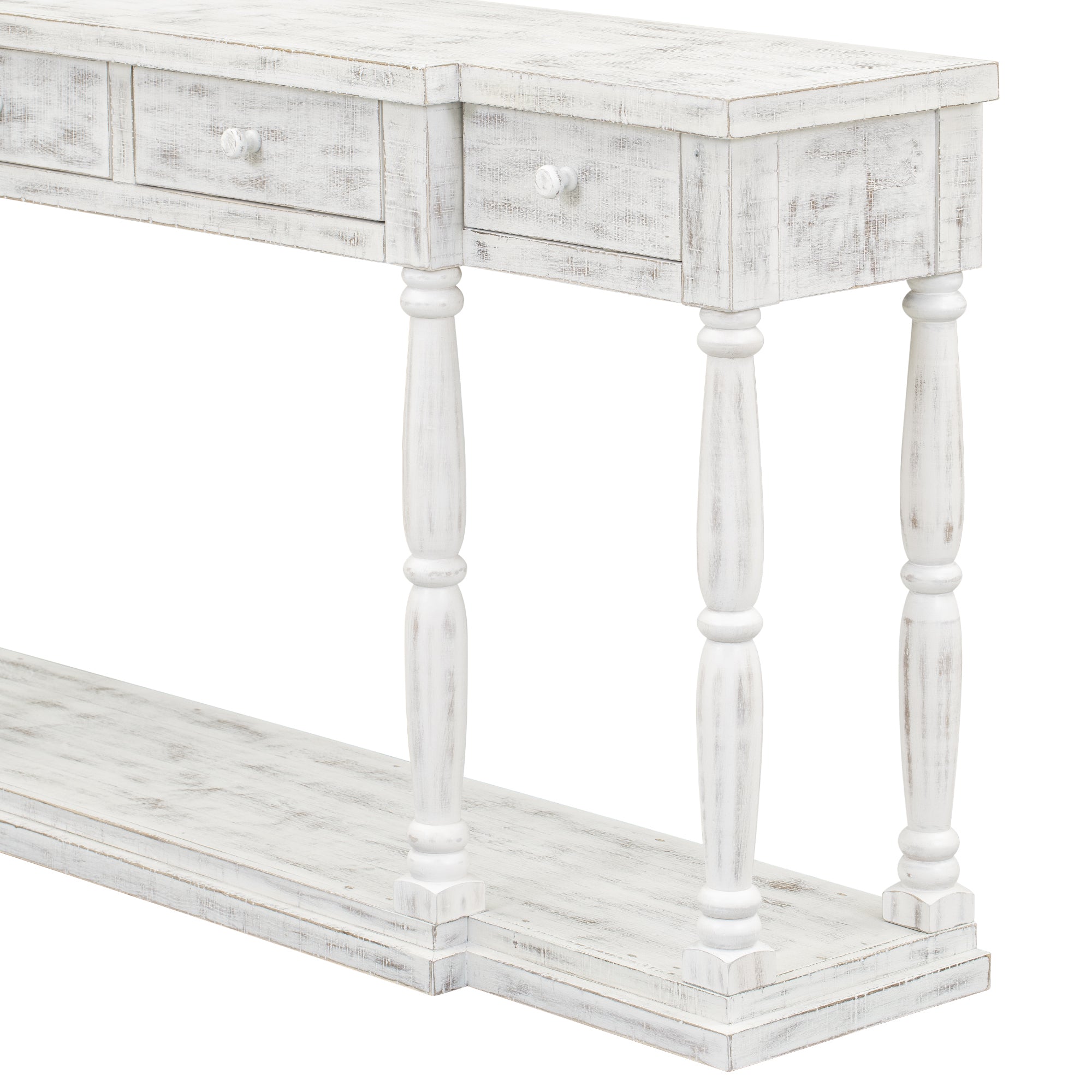 Retro Console Table for Hallway with 4 Front Facing Storage Drawers and 1 Shelf - Antique White
