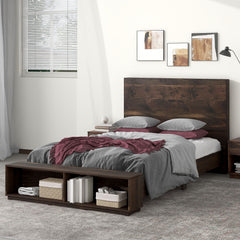 Queen Size Wood Platform Bed with Storage Bench - Walnut