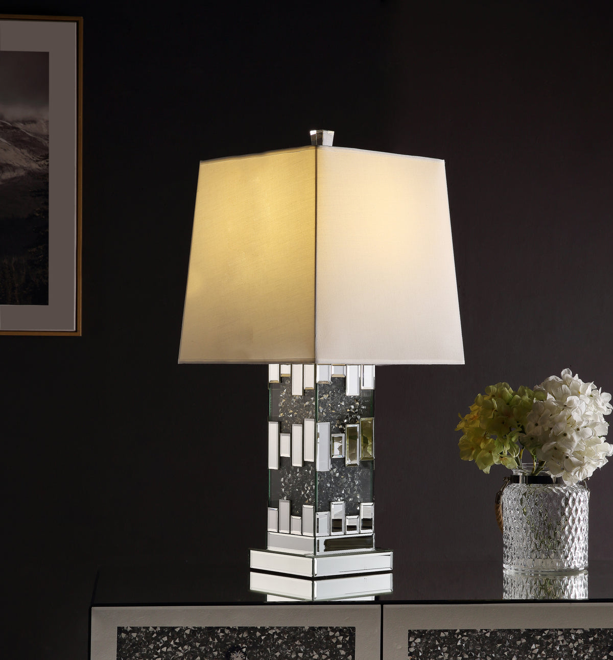 Silver Shade Table Lamp, Mirrored & Faux Diamonds