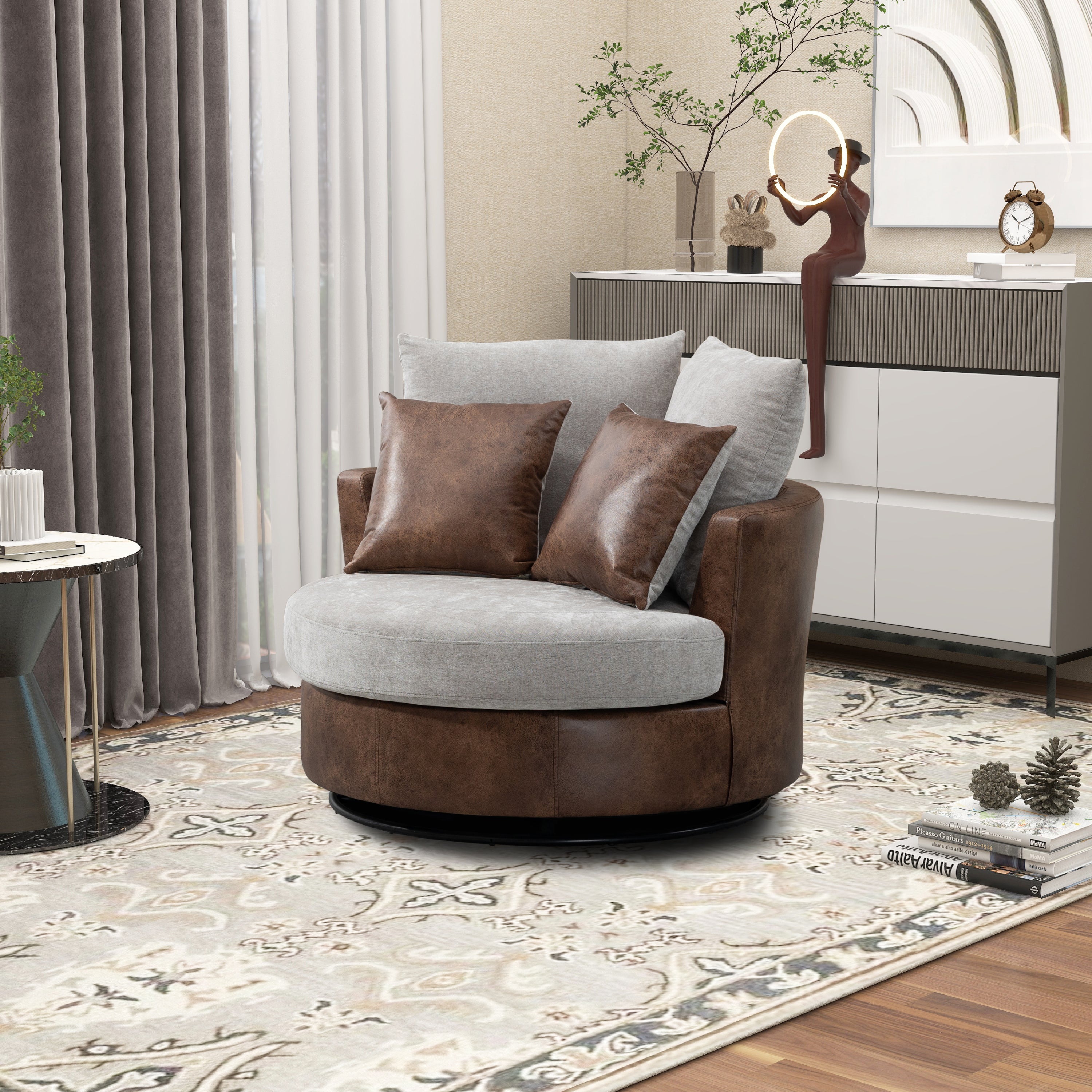 Accent Barrel Chair and Sofa With 4 Pillows 360 Degree Swivel Round Sofa- Light Gray