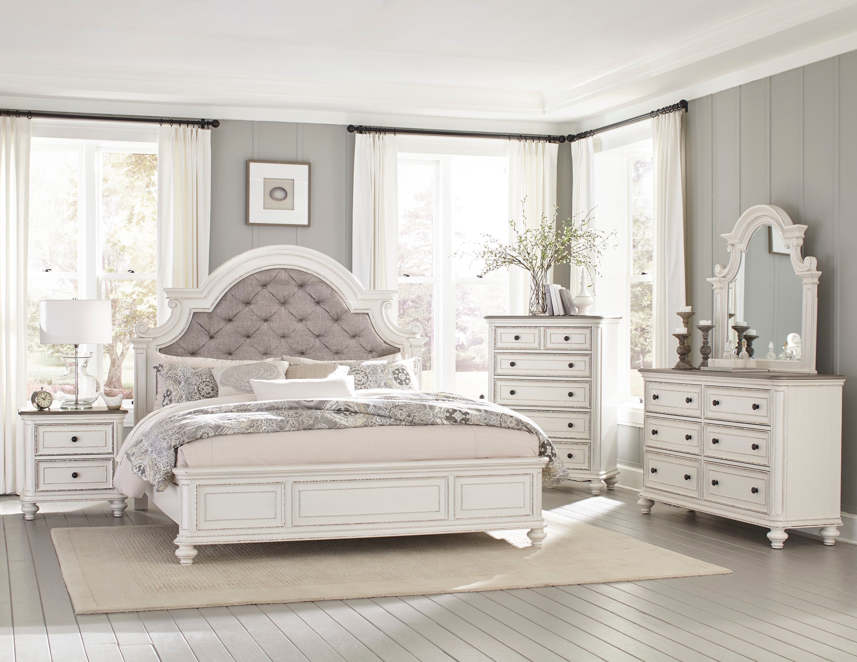 King Size Bed Button-Tufted Upholstered Headboard - Antique White Finish