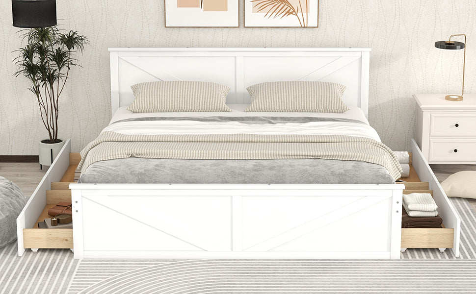 King Size Wooden Platform Bed with Four Storage Drawers and Support Legs - White