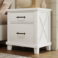 Rustic Farmhouse Style Solid Pine Wood Two-Drawer Nightstand - White