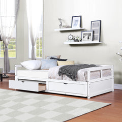 Extendable  Daybed with Trundle Bed and Two Storage Drawers - White