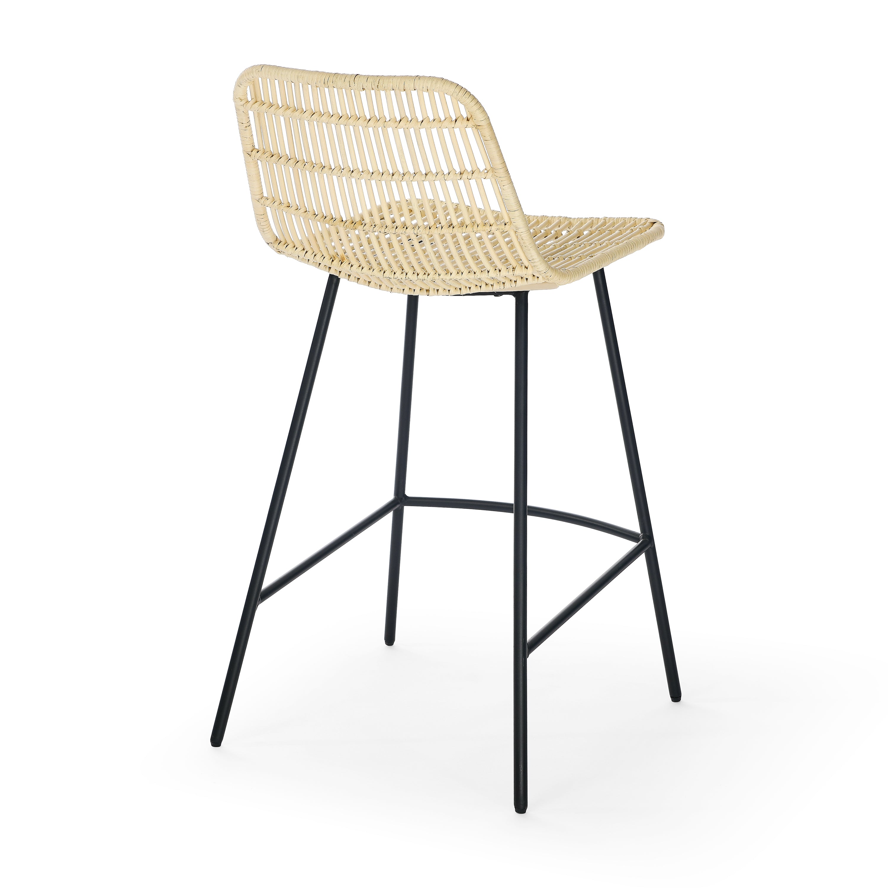 Natural Rattan Indoor Counter Chair, Black Finish Steel Legs (Set of 2)- Natural