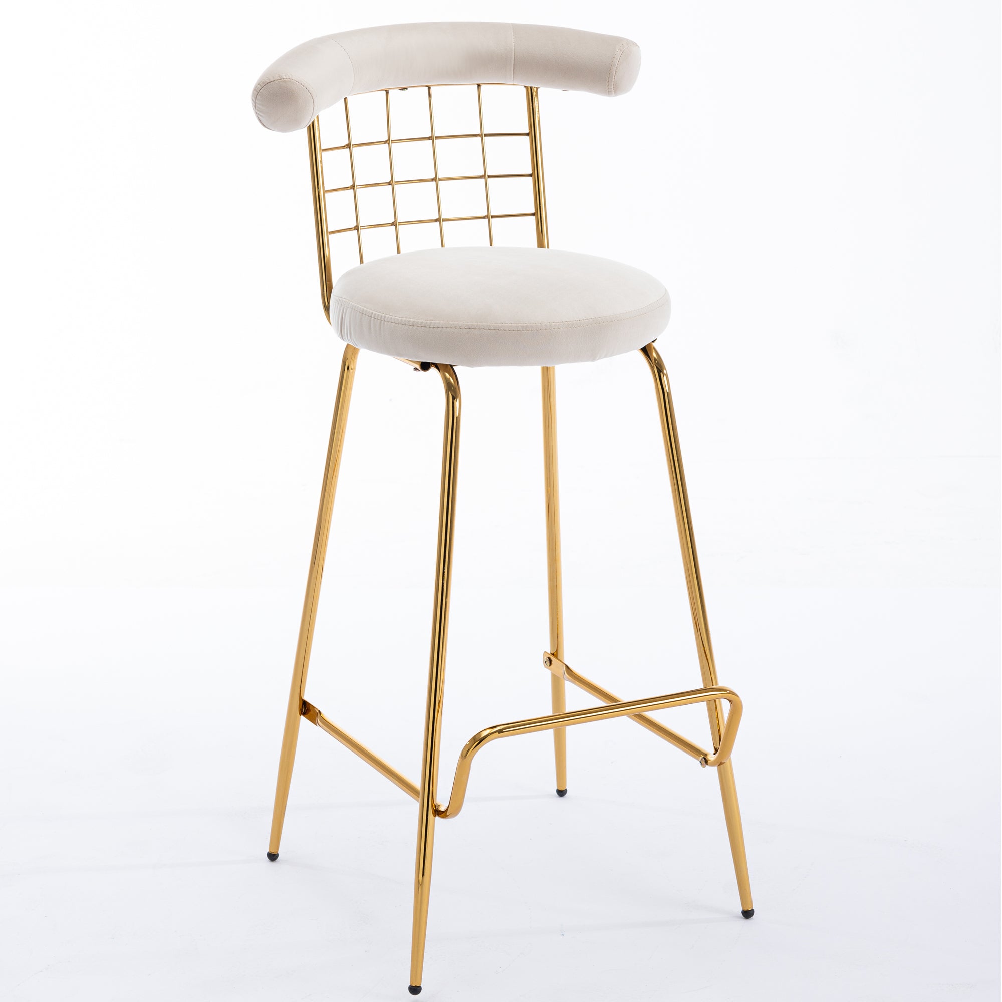 Luxury Velvet High Bar Stool with Metal Legs and Soft Back with Metal Legs (Set of 2) -Beige