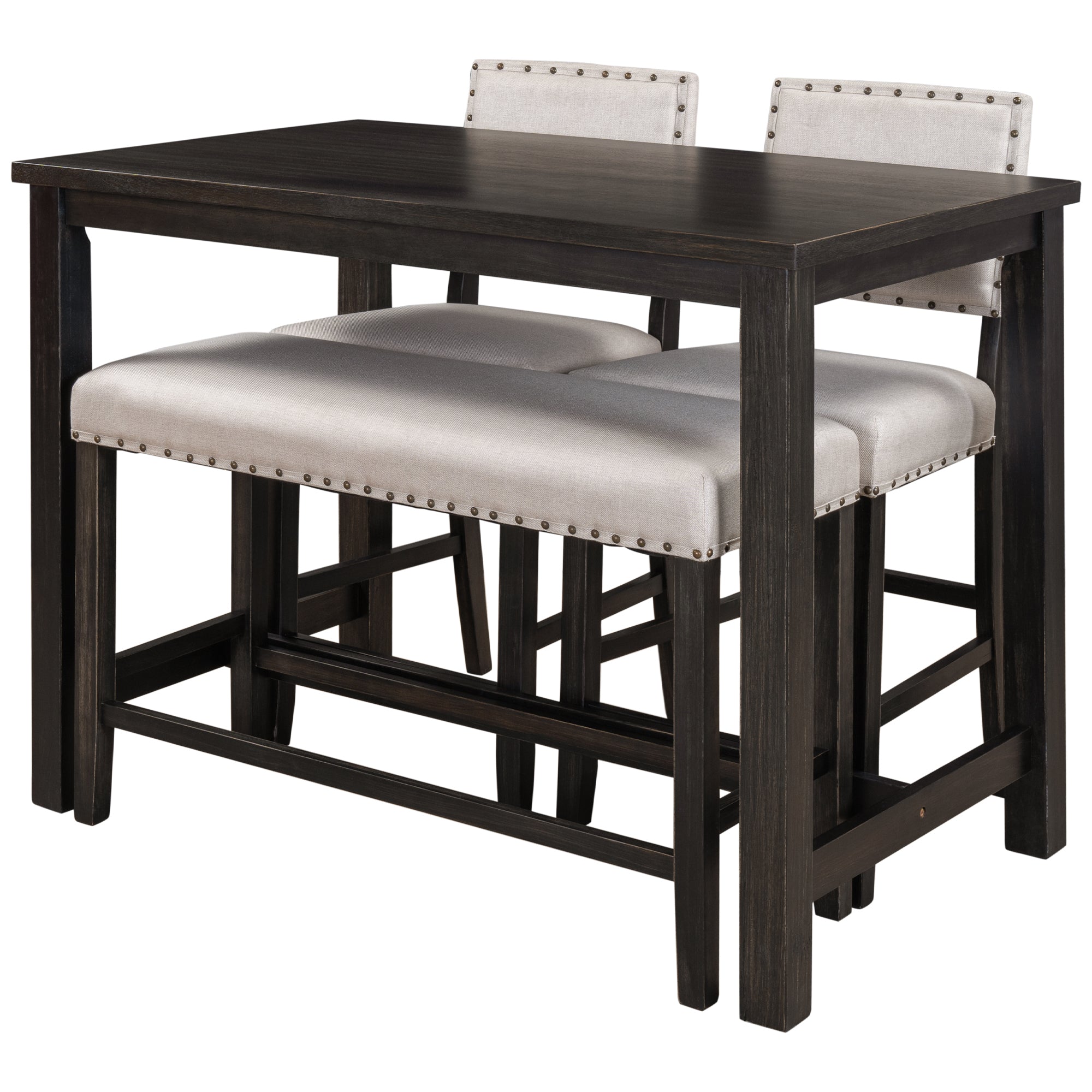 Rustic Wooden Counter Height Upholstered Dining Chairs (Set of 2) - Espresso+ Beige