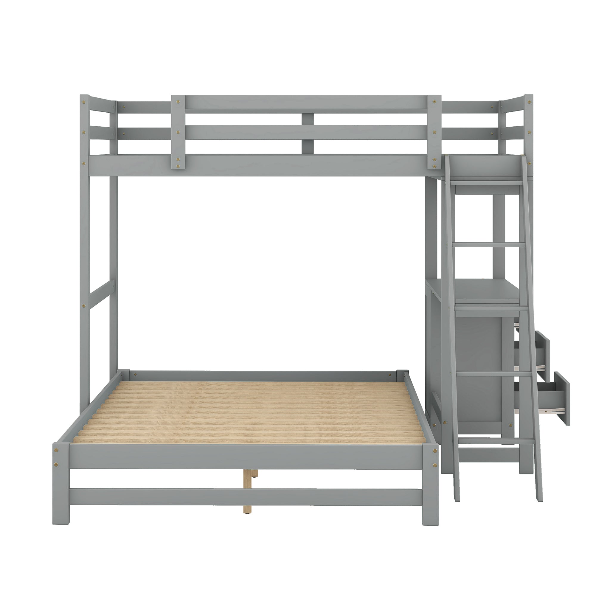 Twin over Full Bunk Bed with Built-in Desk and Three Drawers - Grey