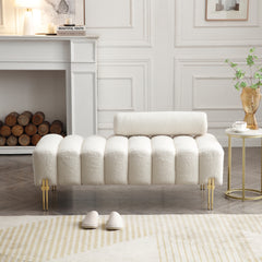 53.2” Width Modern End of Bed Bench Sherpa Fabric Upholstered 2 Seater Sofa Couch Entryway Ottoman Bench Fuzzy Sofa Stool Footrest Window Bench with Gold Metal Legs - Beige