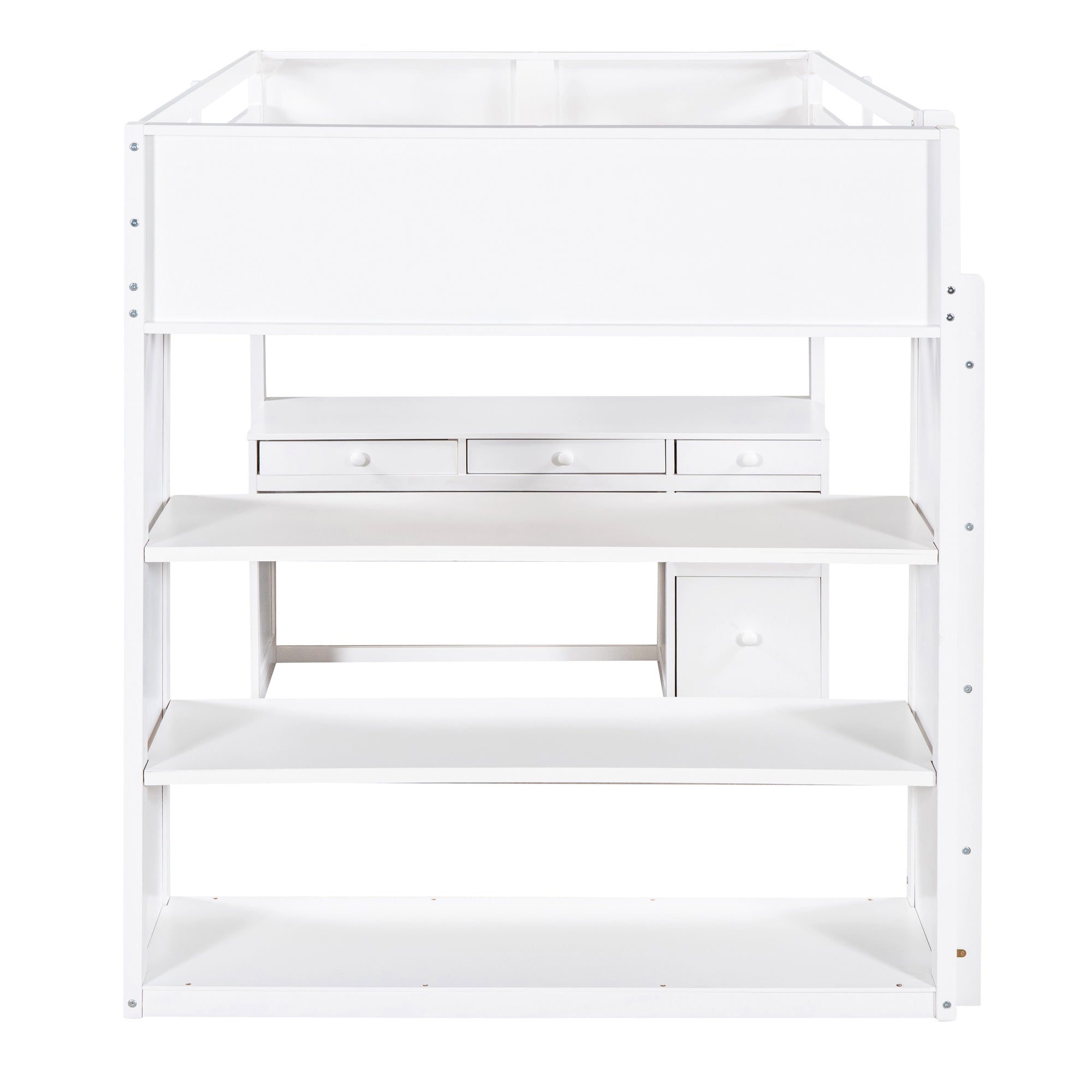 Full Size Loft Bed with Ladder, Shelves and Desk - White