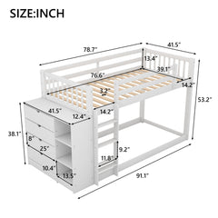 Twin over Twin Bunk Bed with Cabinet and Shelves Storage - White