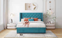Queen Size Storage Bed Velvet Upholstered Platform Bed with Wingback Headboard and a Big Drawer - Blue