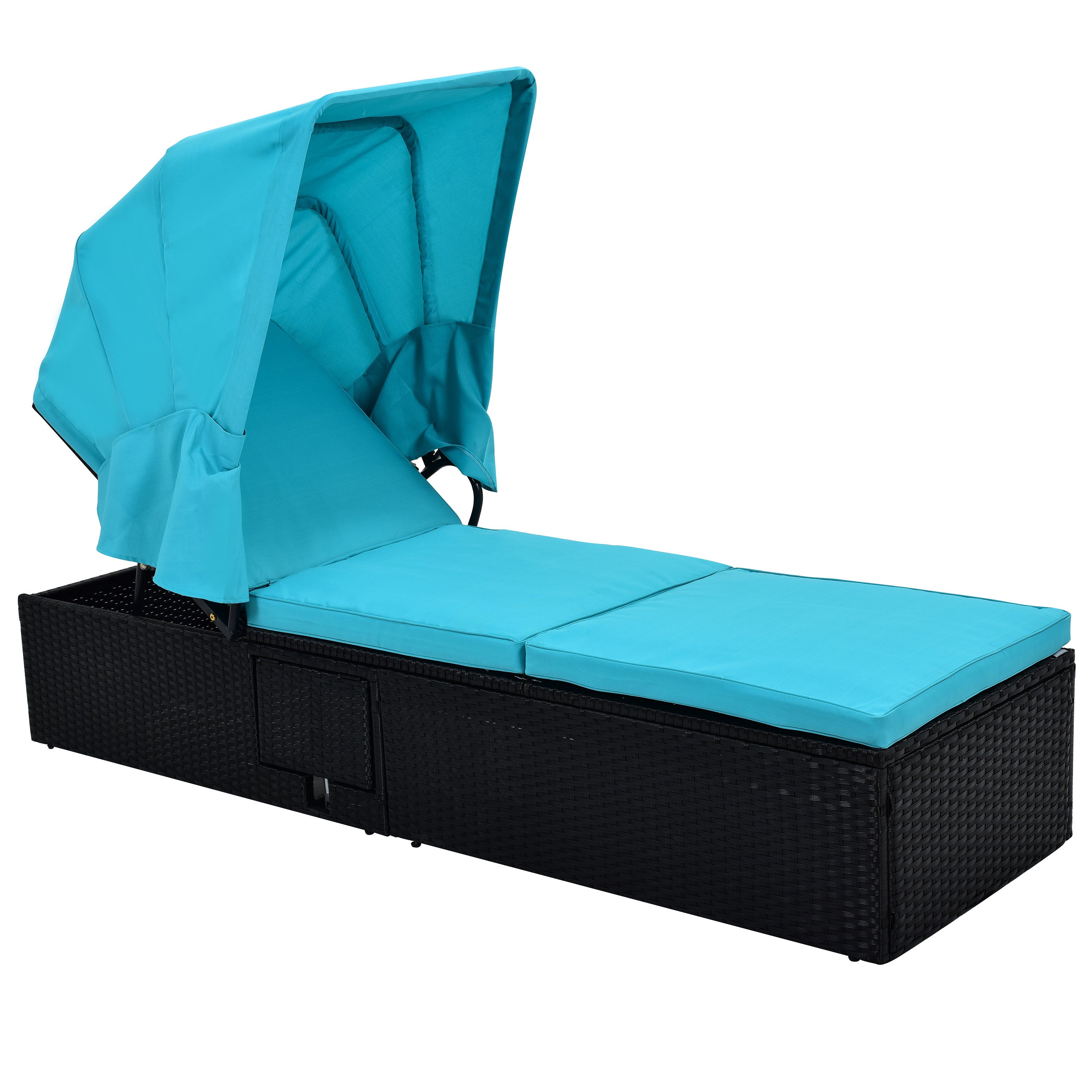 76.8" Long Reclining Single Chaise Lounge with Cushions, Canopy and Cup Table (Set of 2) - Black Wicker + Blue Cushion