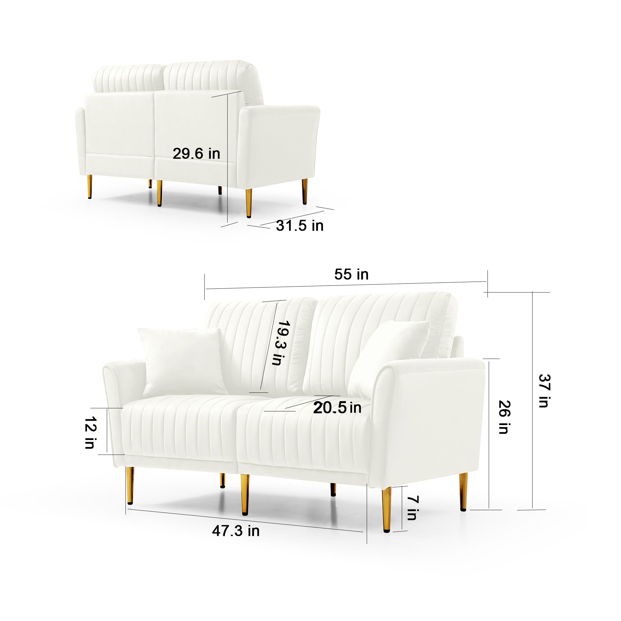 Set of 2 Couches 2-Piece Cream Velvet Upholstered Living Room Sofa, Including 2-Seater Sofa and Loveseat with Four Throw Pillows and Metal legs