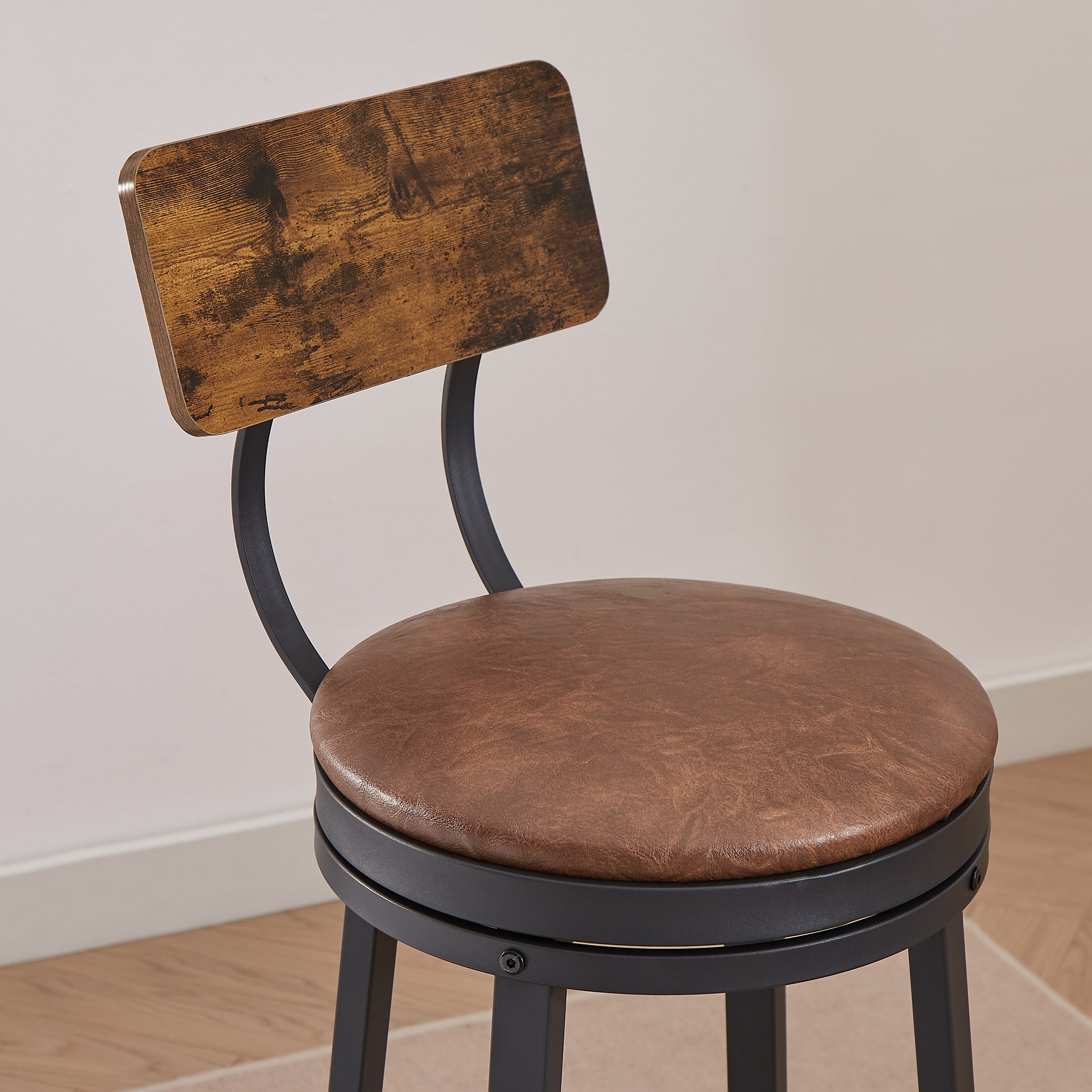 High Bar Stool With Backrest PU Soft Seat Cushion and Footrest (Set of 2) - Rustic Brown