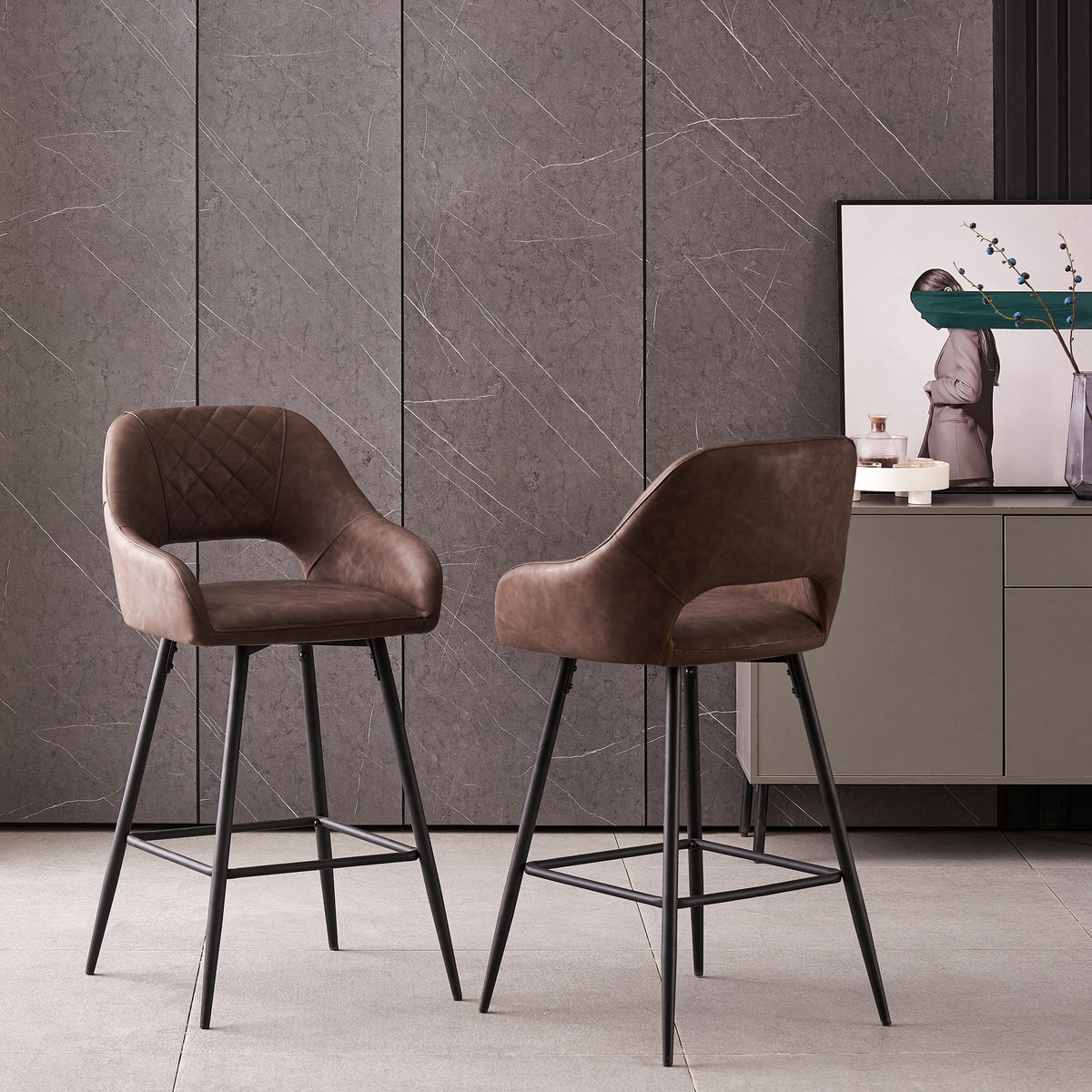 Bar Stools Set of 2 Leather Brown Breakfast Dining Bar Stools Fixed Height Bar Chairs with Metal Frame and Footrest
