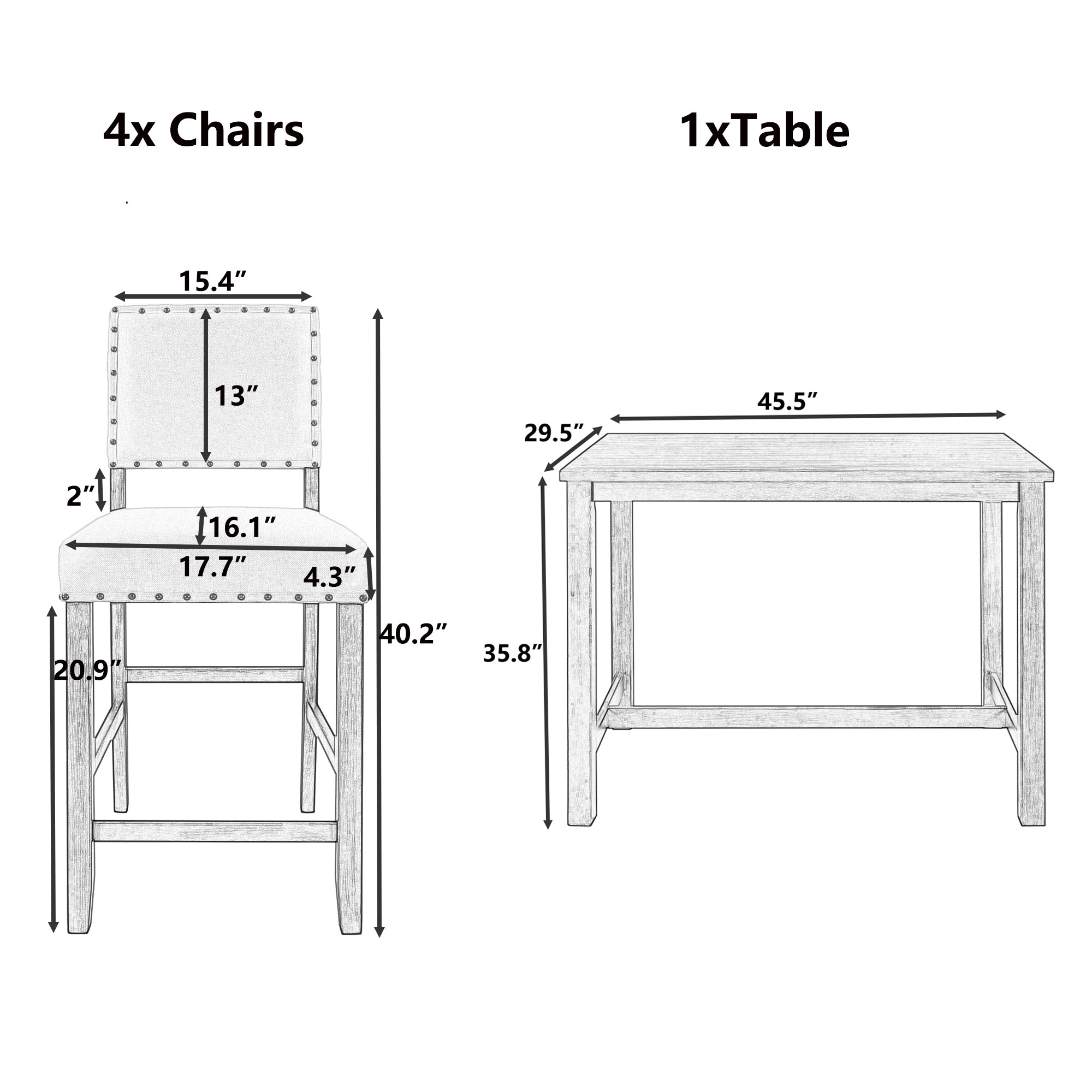5 Piece Rustic Wooden Counter Height Dining Table Set with 4 Upholstered Chairs - Natural+Beige